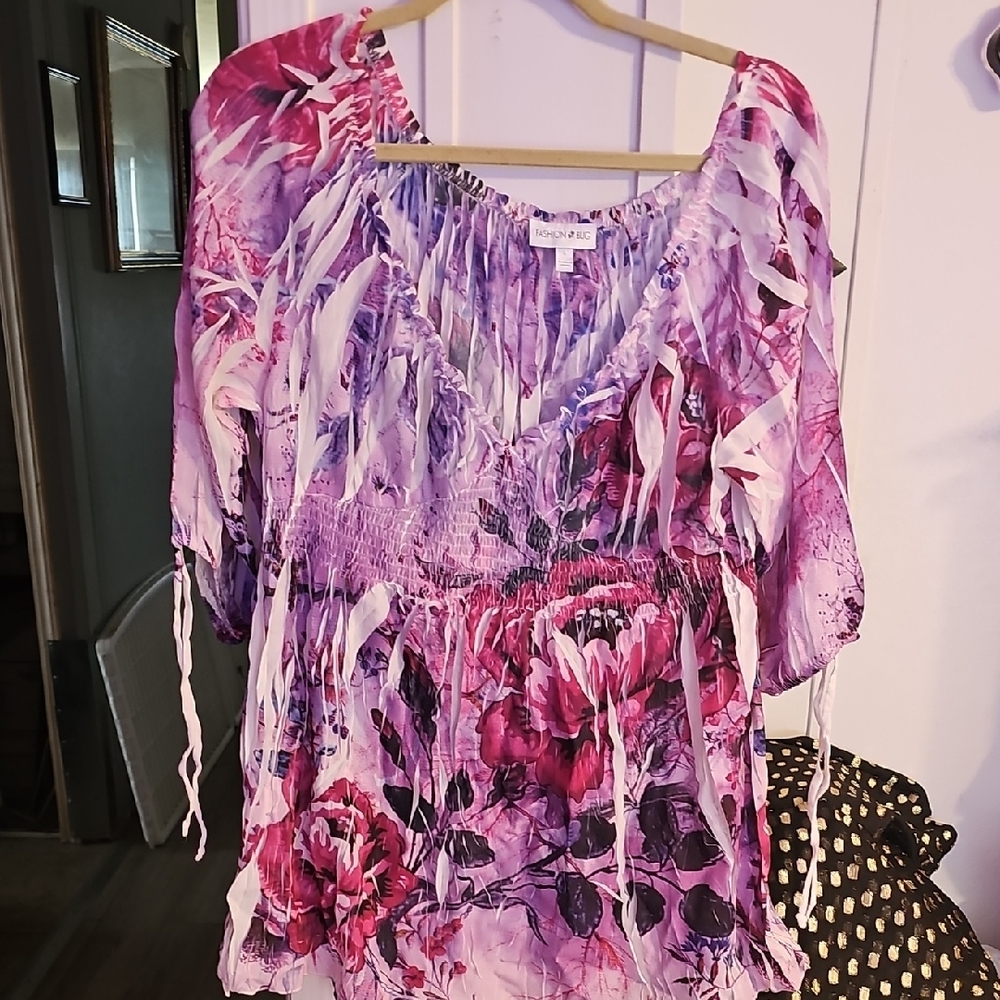 Fashion Bug Pink and Purple Ruched 3/4 Sleeve Blouse